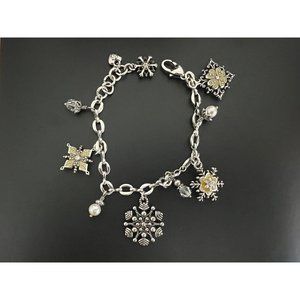 Brighton Ice Diamond Snowflake Winter Pearl Dangle Charm Bracelet EUC Adjustable